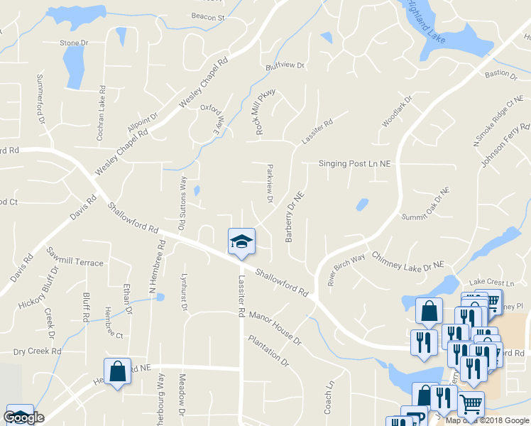 map of restaurants, bars, coffee shops, grocery stores, and more near 3571 Lassiter Road in Marietta