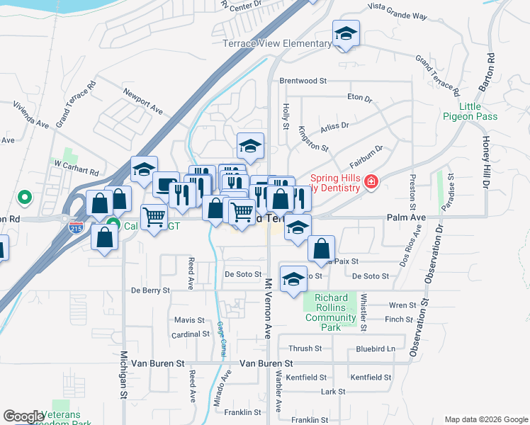 map of restaurants, bars, coffee shops, grocery stores, and more near in Grand Terrace