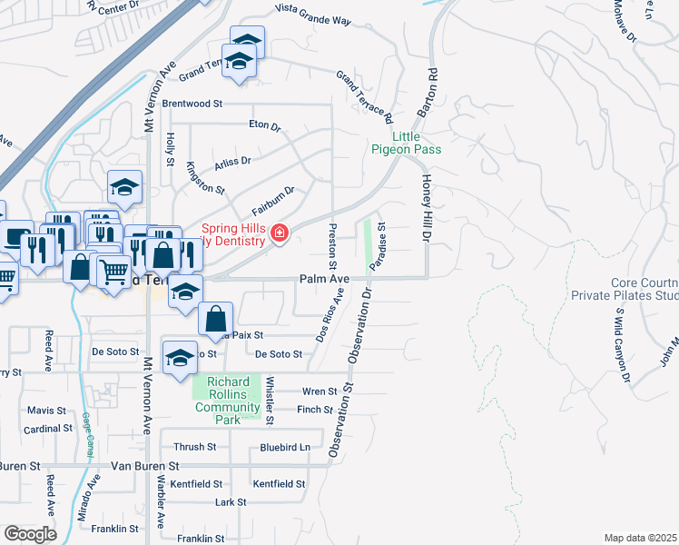 map of restaurants, bars, coffee shops, grocery stores, and more near 22914 Palm Avenue in Grand Terrace