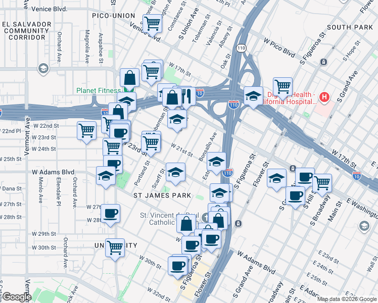 map of restaurants, bars, coffee shops, grocery stores, and more near 2118 Park Grove Avenue in Los Angeles