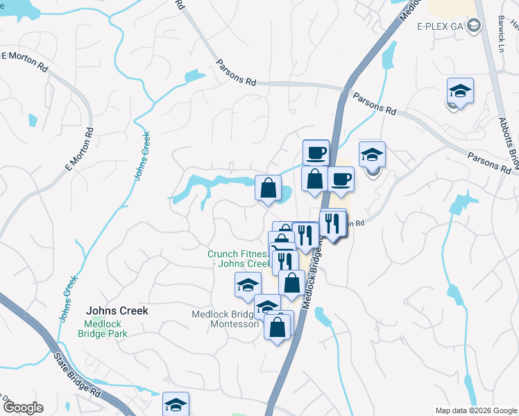 map of restaurants, bars, coffee shops, grocery stores, and more near 220 Lake Heights Drive in Alpharetta