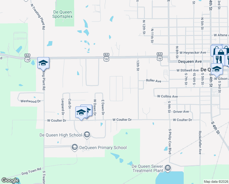 map of restaurants, bars, coffee shops, grocery stores, and more near 135 Lone Pine Street in De Queen