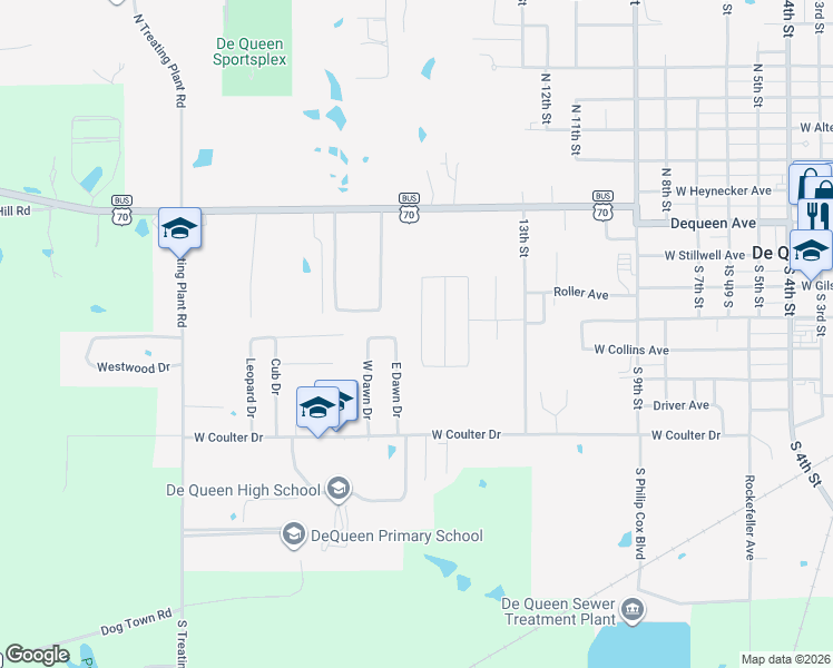map of restaurants, bars, coffee shops, grocery stores, and more near 136 Broken Pine Street in De Queen