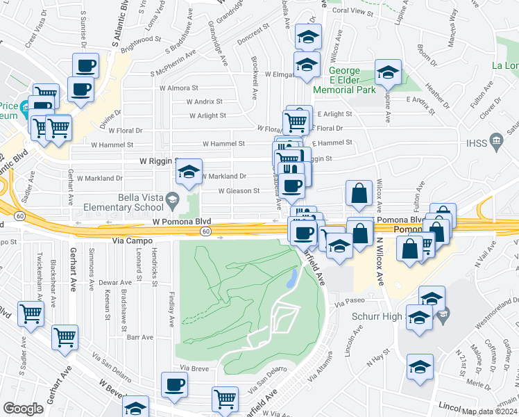 map of restaurants, bars, coffee shops, grocery stores, and more near 224 West Fernfield Drive in Monterey Park
