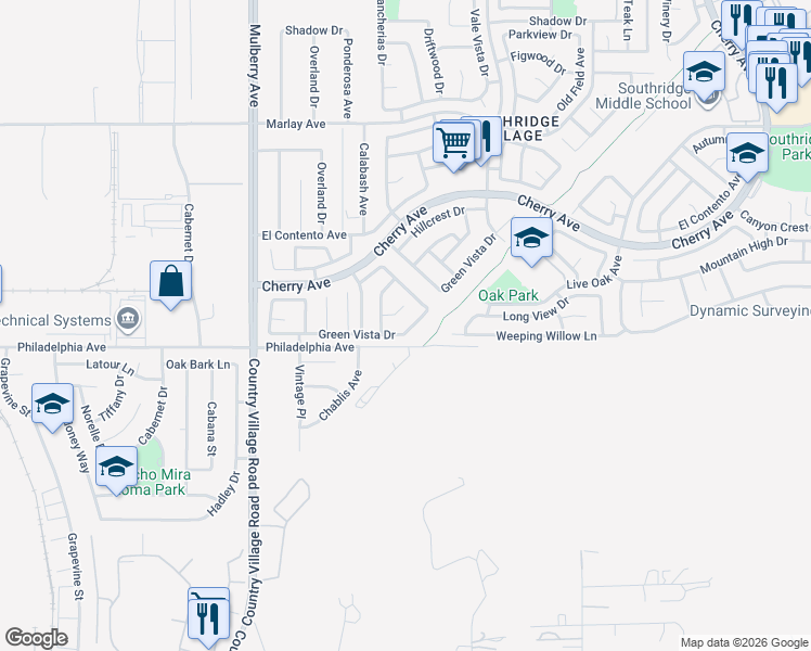 map of restaurants, bars, coffee shops, grocery stores, and more near 13966 Green Vista Drive in Fontana