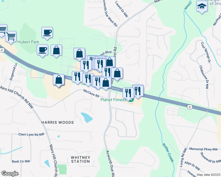 map of restaurants, bars, coffee shops, grocery stores, and more near 4056 Acworth Due West Road Northwest in Kennesaw