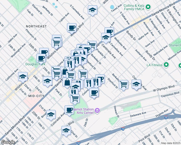 map of restaurants, bars, coffee shops, grocery stores, and more near 1518 Yale Street in Santa Monica