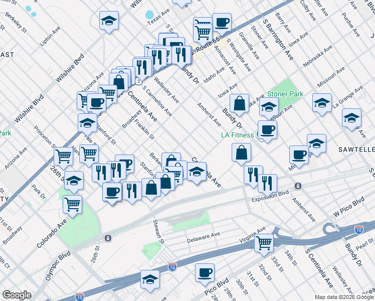 map of restaurants, bars, coffee shops, grocery stores, and more near 1741 Centinela Avenue in Santa Monica
