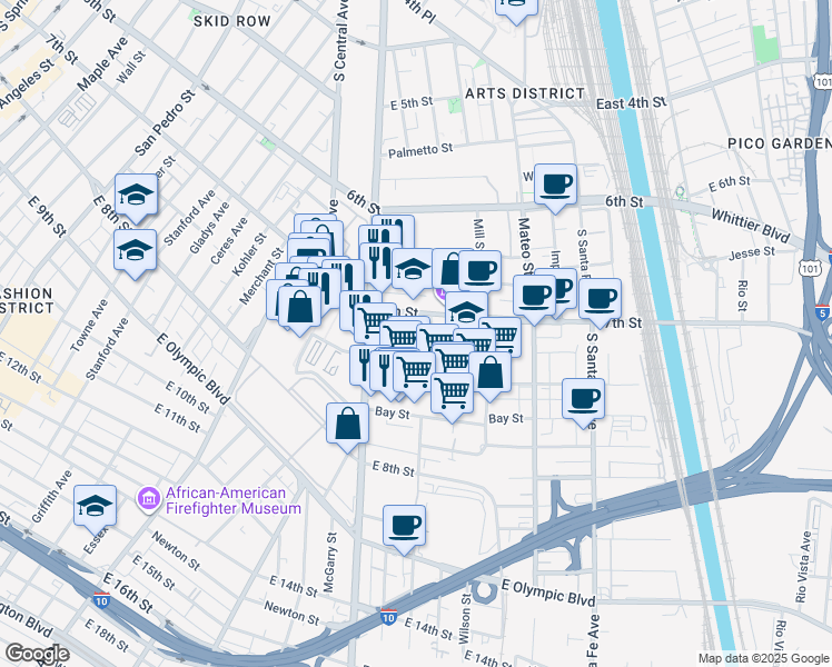 map of restaurants, bars, coffee shops, grocery stores, and more near 734 East 7th Place in Los Angeles