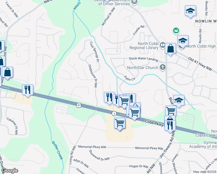 map of restaurants, bars, coffee shops, grocery stores, and more near 3573 Butler Springs Trace in Kennesaw