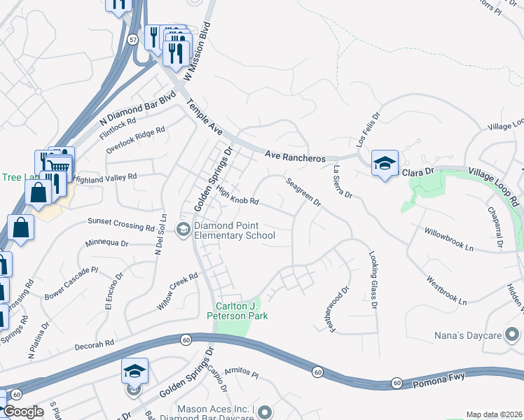 map of restaurants, bars, coffee shops, grocery stores, and more near 24202 Doeskin Place in Diamond Bar