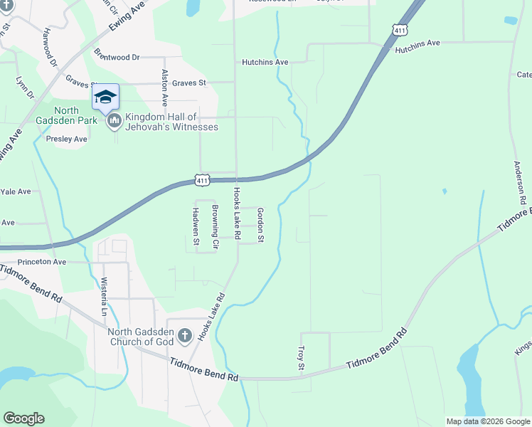 map of restaurants, bars, coffee shops, grocery stores, and more near 1011 Gordon Street in Gadsden