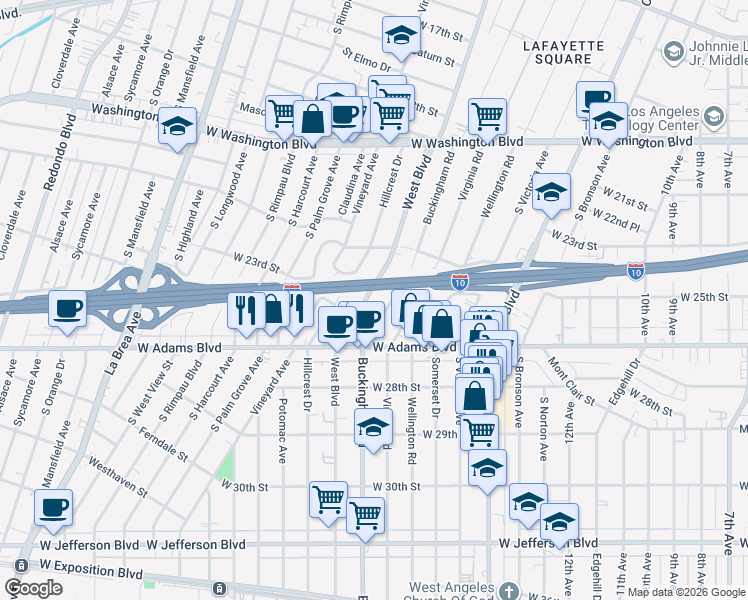map of restaurants, bars, coffee shops, grocery stores, and more near 2424 West Boulevard in Los Angeles