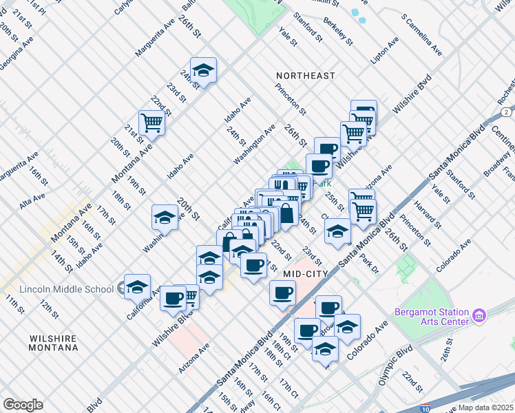 map of restaurants, bars, coffee shops, grocery stores, and more near in Santa Monica