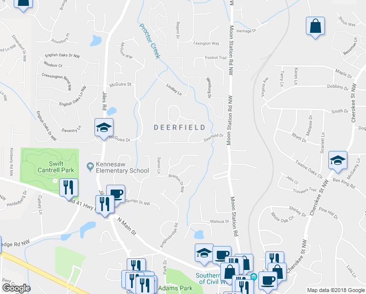 map of restaurants, bars, coffee shops, grocery stores, and more near 2455 Deerfield Drive in Kennesaw