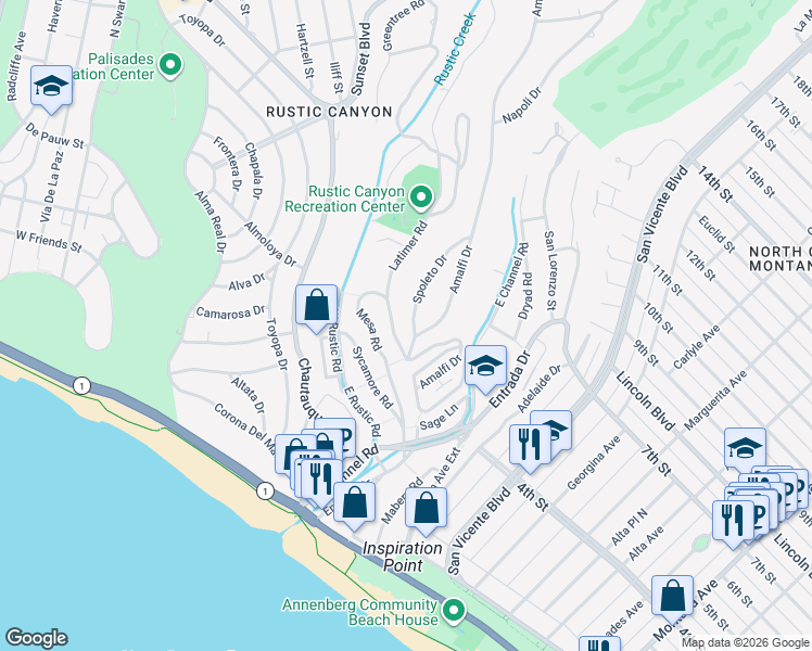 map of restaurants, bars, coffee shops, grocery stores, and more near 521 Spoleto Drive in Los Angeles