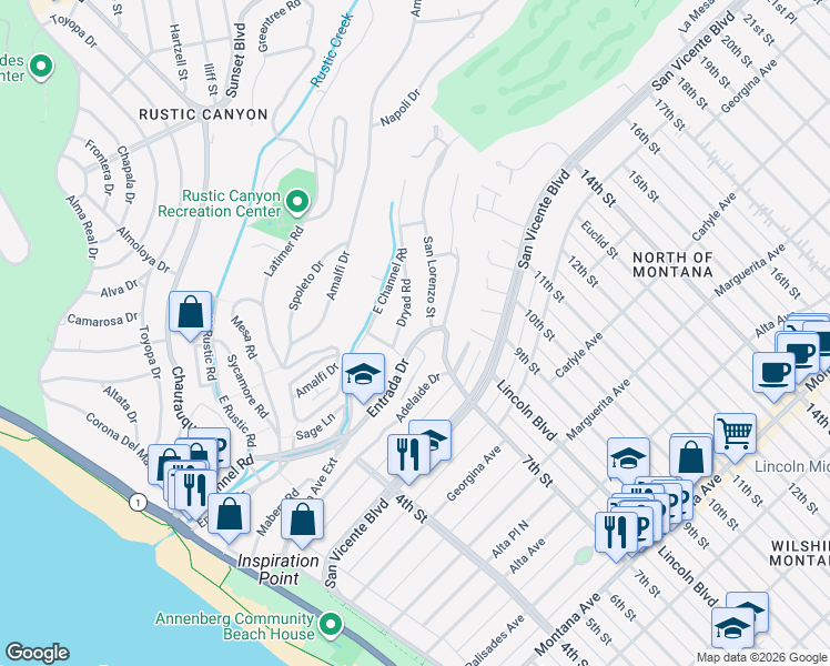 map of restaurants, bars, coffee shops, grocery stores, and more near 555 Dryad Road in Santa Monica
