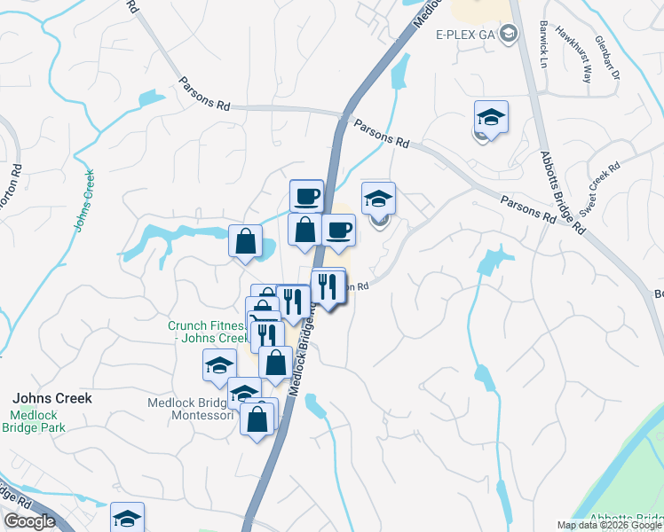 map of restaurants, bars, coffee shops, grocery stores, and more near 10475 Medlock Bridge Road in Johns Creek