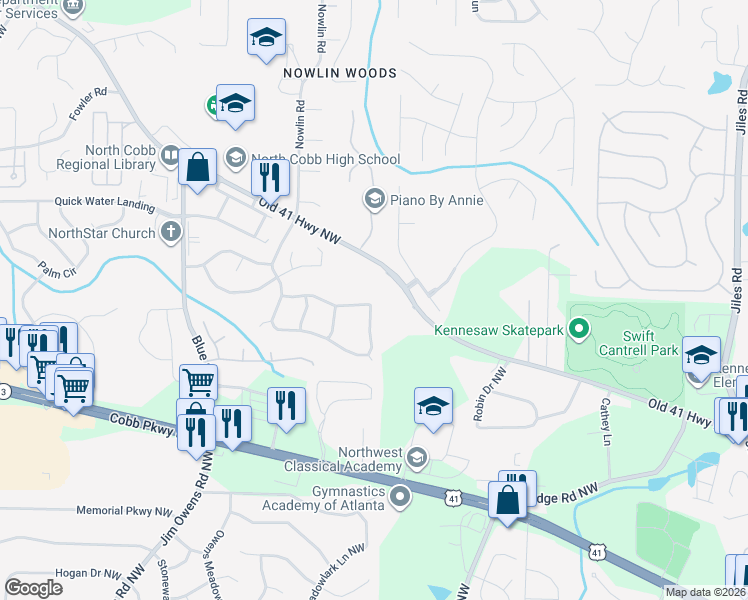 map of restaurants, bars, coffee shops, grocery stores, and more near 3136 Justice Mill Court Northwest in Kennesaw