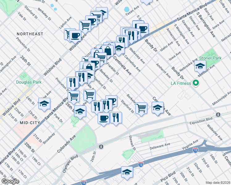map of restaurants, bars, coffee shops, grocery stores, and more near 3017 Colorado Avenue in Santa Monica