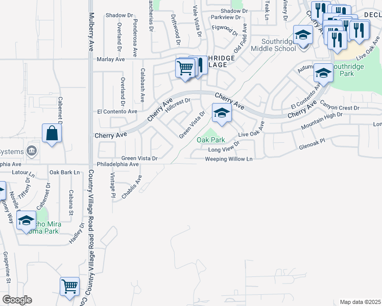 map of restaurants, bars, coffee shops, grocery stores, and more near 11919 Woodbridge Drive in Fontana