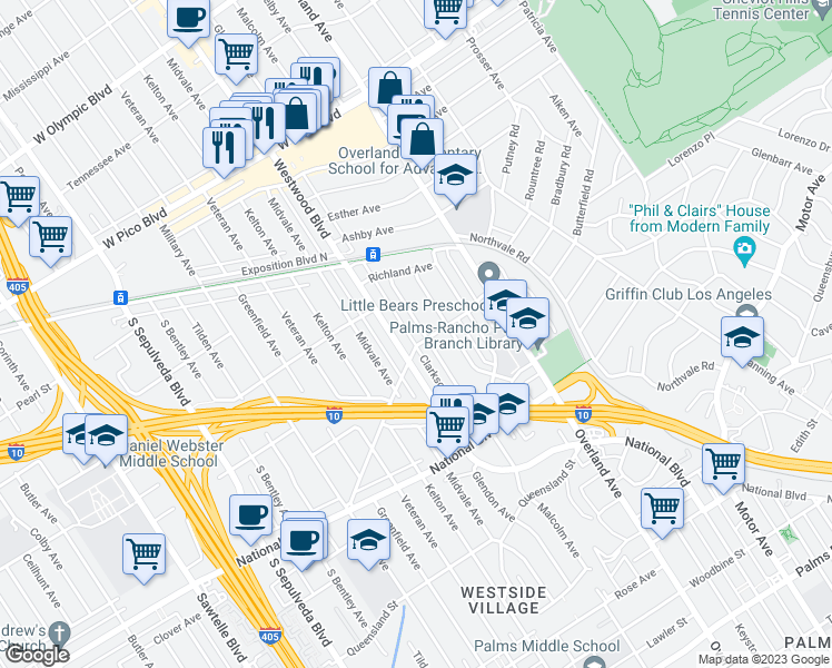 map of restaurants, bars, coffee shops, grocery stores, and more near 2747 Glendon Avenue in Los Angeles