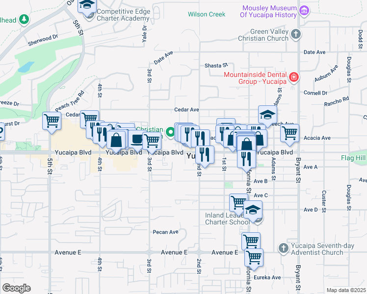 map of restaurants, bars, coffee shops, grocery stores, and more near 34815 Acacia Avenue in Yucaipa