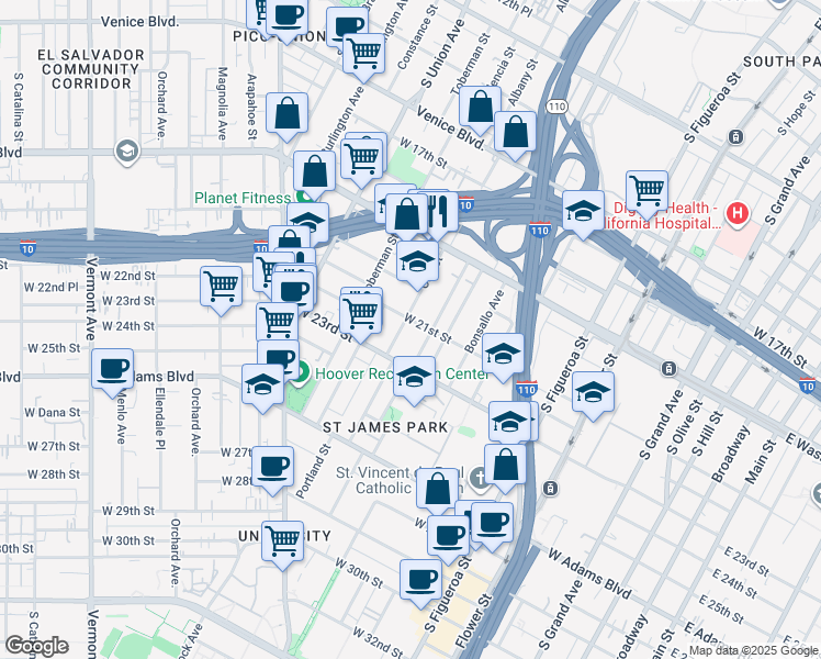 map of restaurants, bars, coffee shops, grocery stores, and more near 2108 Oak Street in Los Angeles