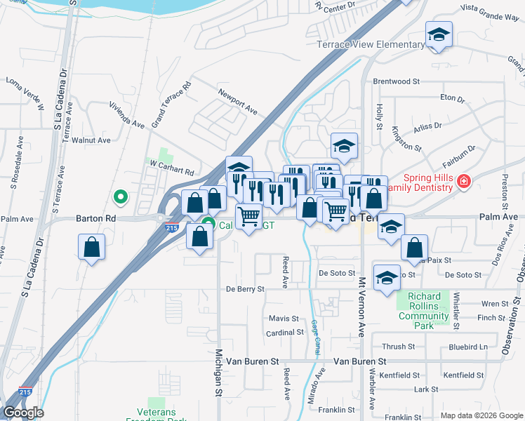 map of restaurants, bars, coffee shops, grocery stores, and more near 22229 McClarren Street in Grand Terrace