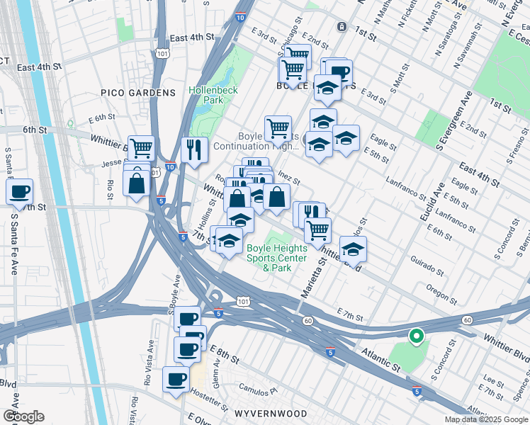map of restaurants, bars, coffee shops, grocery stores, and more near 2417 Whittier Boulevard in Los Angeles