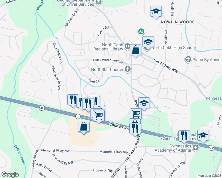 map of restaurants, bars, coffee shops, grocery stores, and more near 3171 Chapel Road Northwest in Kennesaw