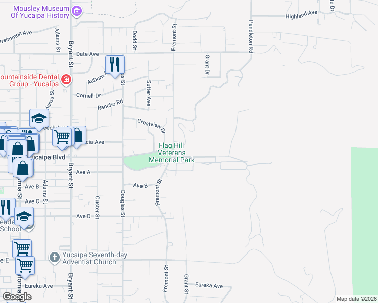 map of restaurants, bars, coffee shops, grocery stores, and more near 12057 Fremont Street in Yucaipa