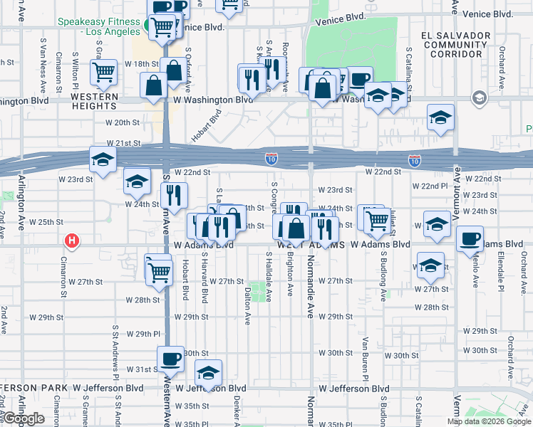 map of restaurants, bars, coffee shops, grocery stores, and more near 1788 West 24th Street in Los Angeles