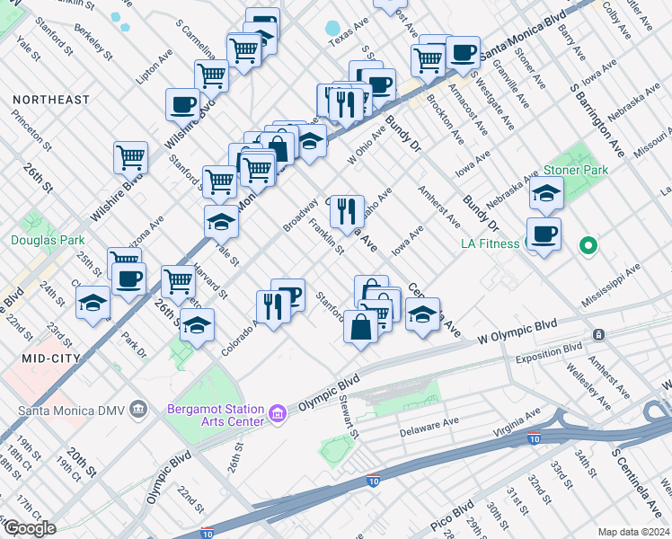 map of restaurants, bars, coffee shops, grocery stores, and more near 3124 Colorado Avenue in Santa Monica