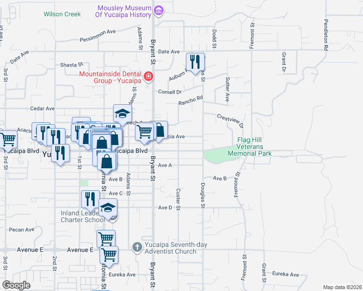 map of restaurants, bars, coffee shops, grocery stores, and more near 35432 Acacia Avenue in Yucaipa