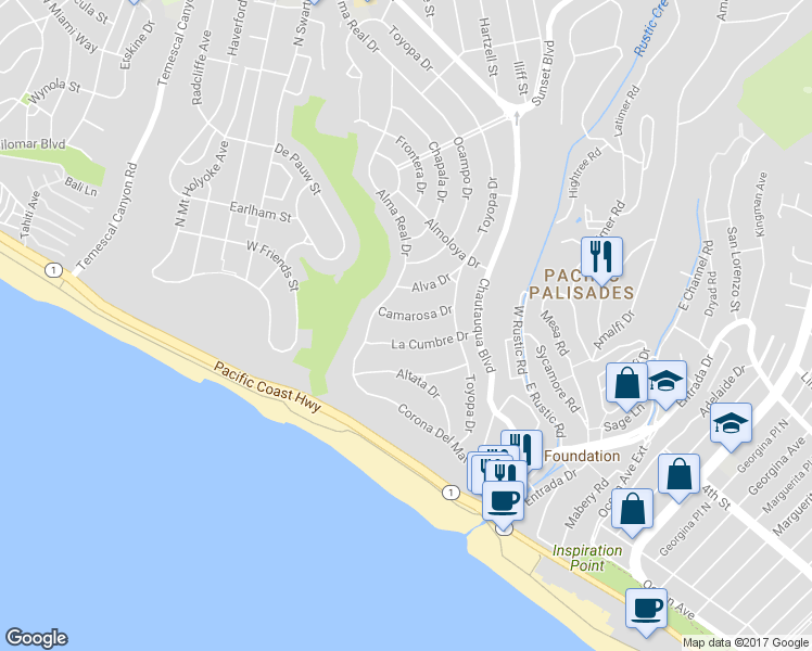 map of restaurants, bars, coffee shops, grocery stores, and more near 14948 Camarosa Drive in Los Angeles