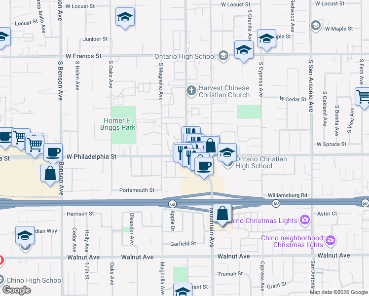 map of restaurants, bars, coffee shops, grocery stores, and more near 1124 West Philadelphia Street in Ontario