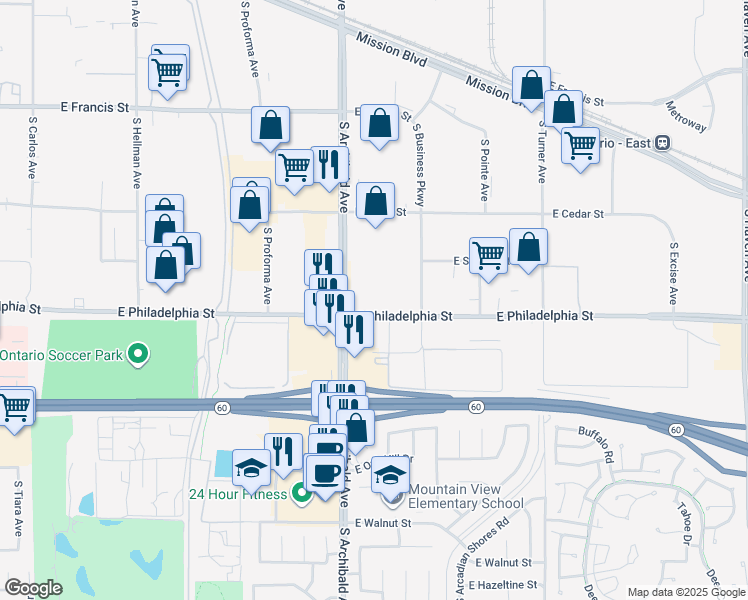 map of restaurants, bars, coffee shops, grocery stores, and more near 4241 East Carmel Privado in Ontario