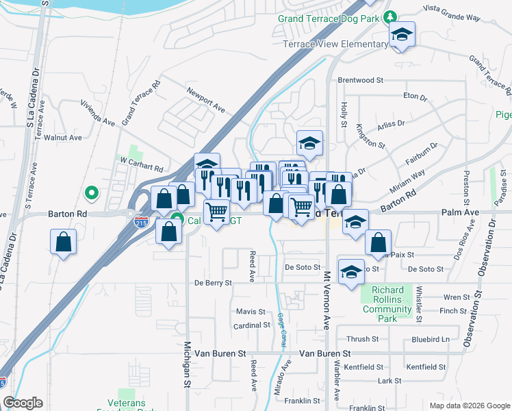 map of restaurants, bars, coffee shops, grocery stores, and more near 22303 McClarren Street in Grand Terrace