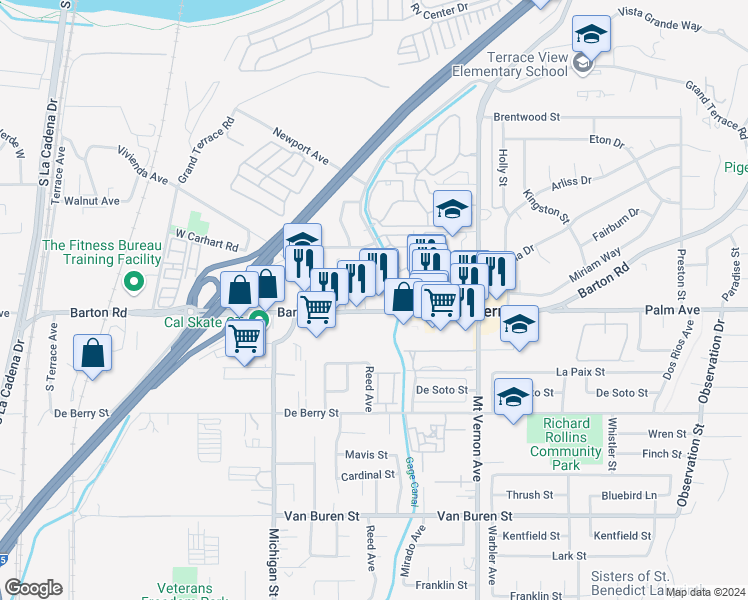 map of restaurants, bars, coffee shops, grocery stores, and more near 22300 Barton Road in Grand Terrace