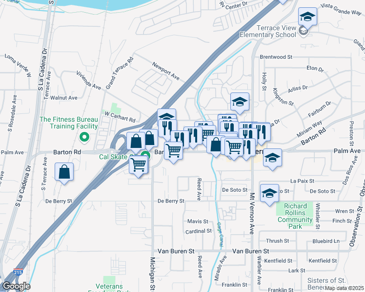 map of restaurants, bars, coffee shops, grocery stores, and more near 22220 Barton Road in Grand Terrace