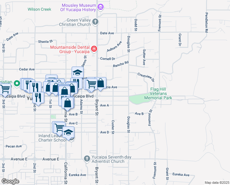 map of restaurants, bars, coffee shops, grocery stores, and more near 35432 Acacia Avenue in Yucaipa