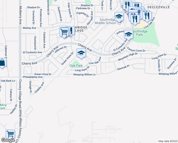 map of restaurants, bars, coffee shops, grocery stores, and more near 14241 Elizabeth Court in Fontana