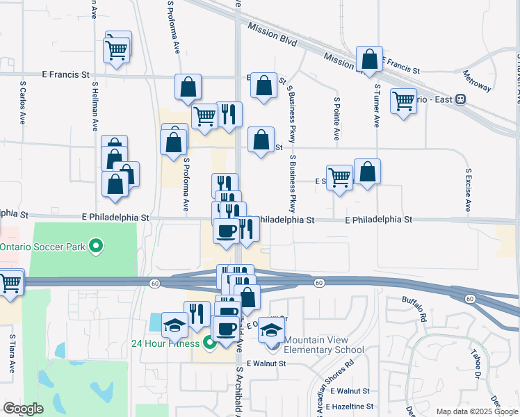 map of restaurants, bars, coffee shops, grocery stores, and more near 2095 South Archibald Avenue in Ontario