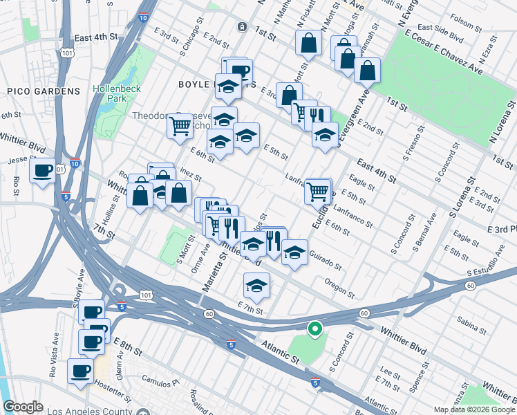 map of restaurants, bars, coffee shops, grocery stores, and more near 2734 East 6th Street in Los Angeles