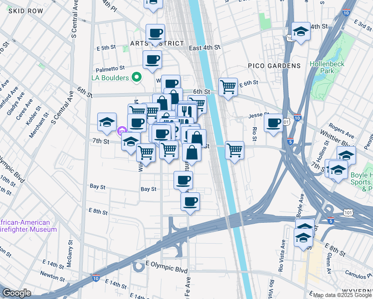 map of restaurants, bars, coffee shops, grocery stores, and more near 672 South Santa Fe Avenue in Los Angeles