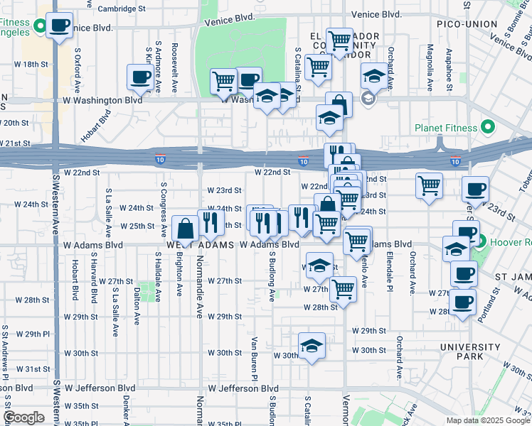 map of restaurants, bars, coffee shops, grocery stores, and more near 2312 South Budlong Avenue in Los Angeles