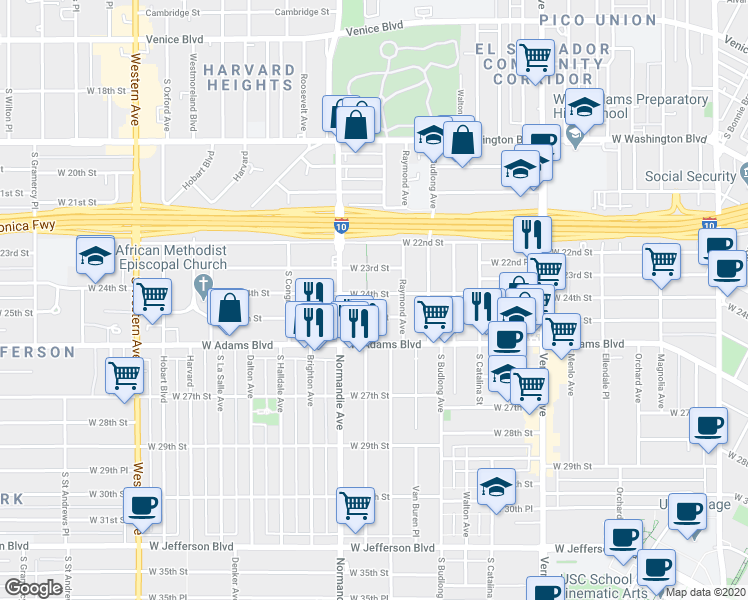 map of restaurants, bars, coffee shops, grocery stores, and more near in Los Angeles