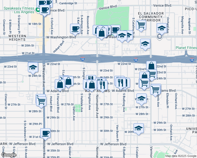 map of restaurants, bars, coffee shops, grocery stores, and more near 2305 South Normandie Avenue in Los Angeles