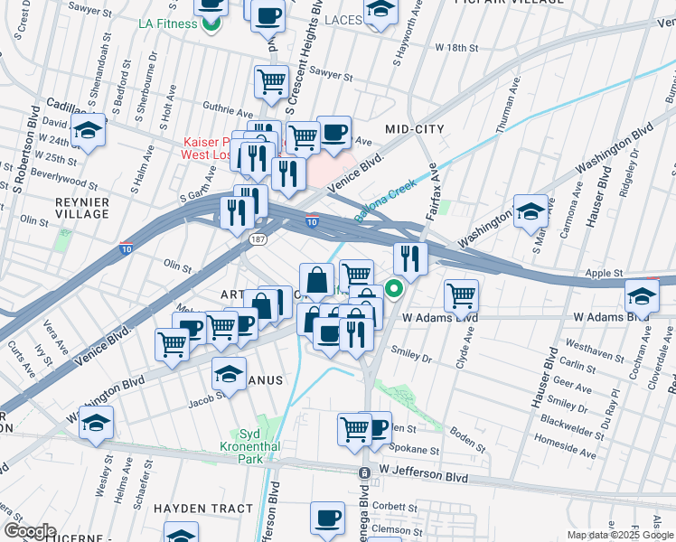 map of restaurants, bars, coffee shops, grocery stores, and more near 5906 Ernest Avenue in Los Angeles